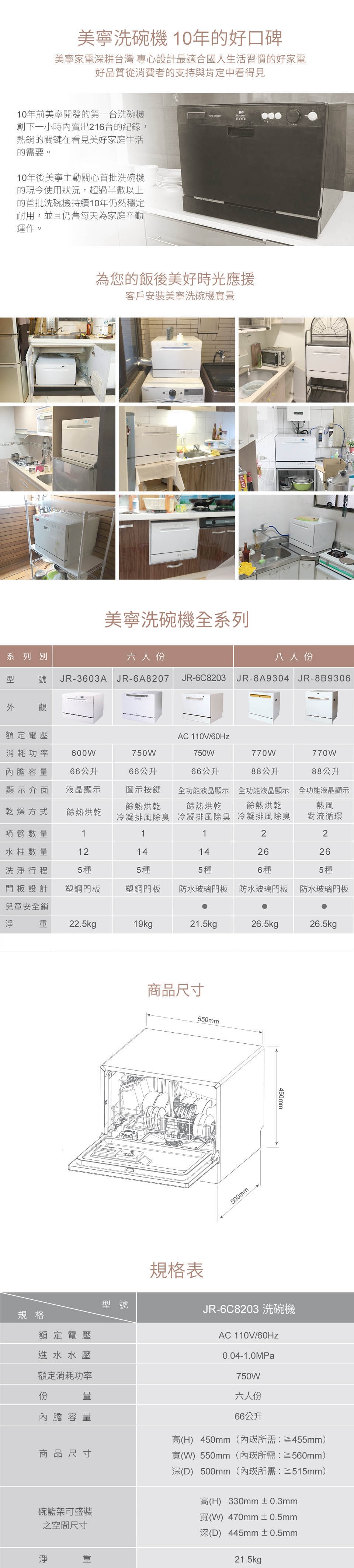 美寧全新6人液晶奢華洗碗機(JR-6C8203)贈：美寧殺菌機+美寧洗滌組*1到府基本安裝