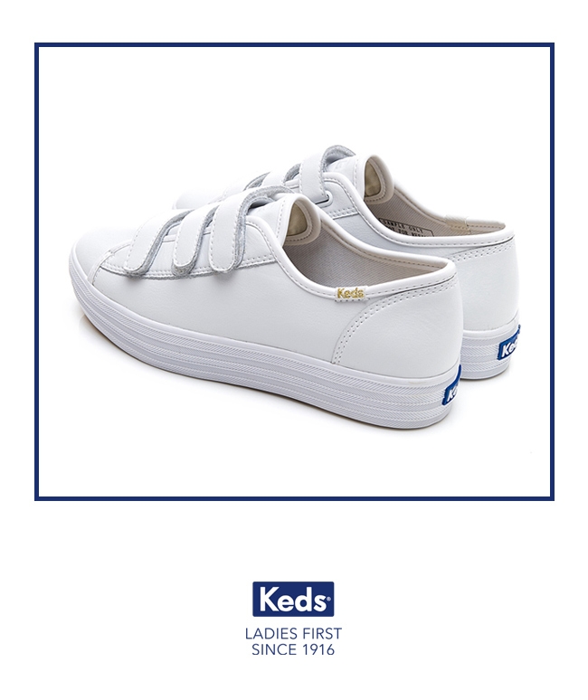 Keds TRIPLE KICK 時尚皮革厚底魔鬼氈休閒鞋-白