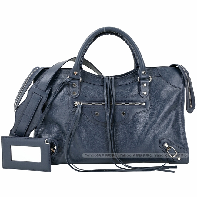 BALENCIAGA Classic City 銀釦小羊皮機車包(墨藍色)
