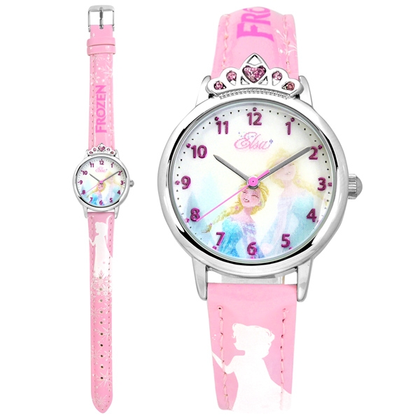 Disney 迪士尼 冰雪奇緣 Elsa 皇冠粉鑽造型 兒童卡通皮革手錶-粉紅色/30mm