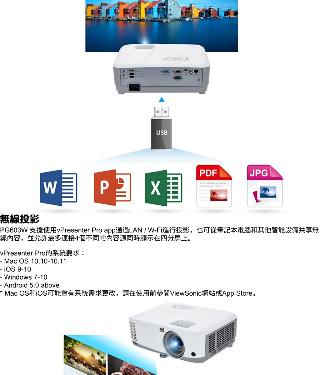 ViewSonic PG603W WXGA USB讀取投影機(3600流明)