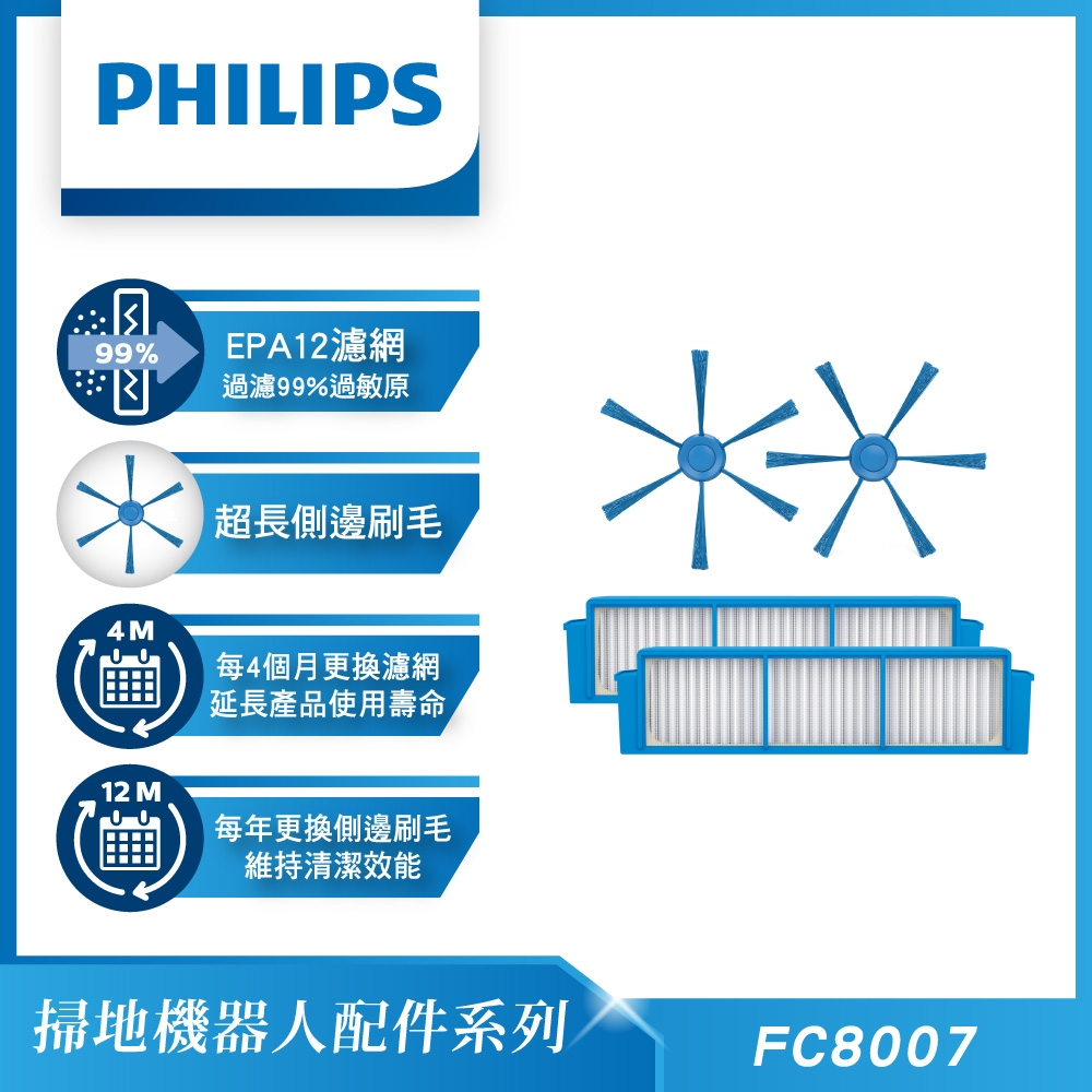 飛利浦 PHILIPS 超薄濕拖掃地機器人(FC8796)加贈原廠濾網、側刷、清潔墊