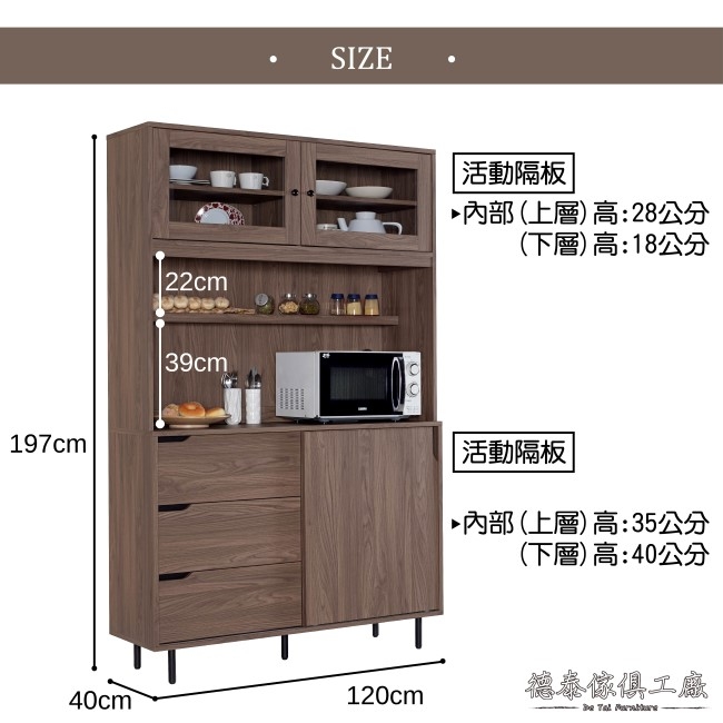 D&T 德泰傢俱 CANDA胡桃木4尺餐櫃木面全組-120x40x197cm