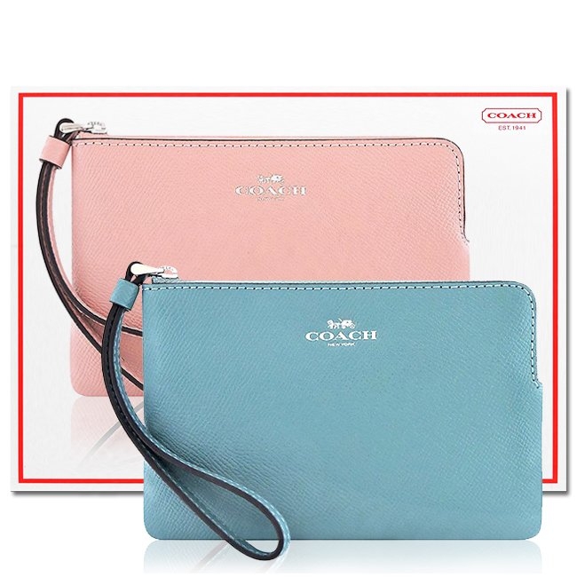 【平均一件$944】COACH 櫻花粉色防刮皮革手拿包+土耳其藍色皮革手拿包