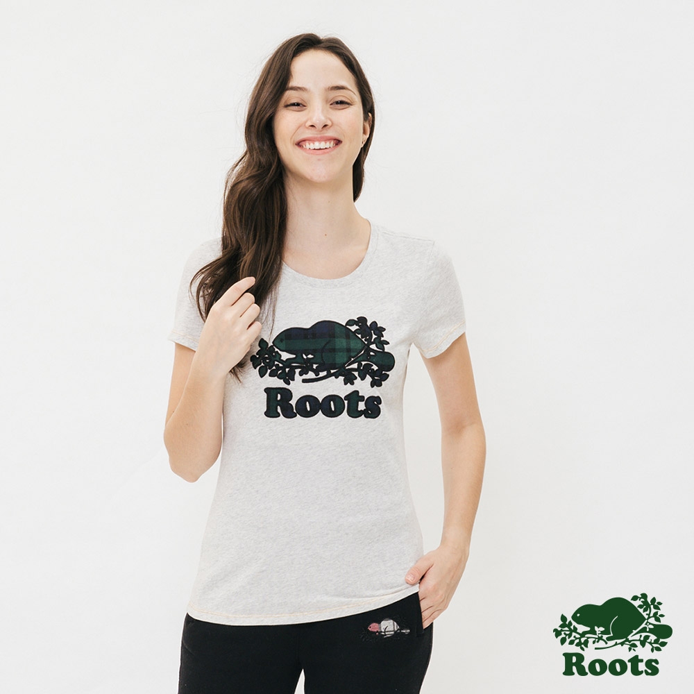 ROOTS女裝 - 周年系列格紋海狸短袖T恤-淺灰