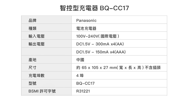 Panasonic eneloop電池充電器 BQCC17