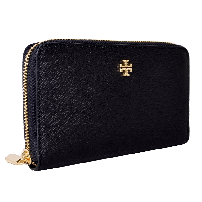 TORY BURCH EMERSON 經典立體LOGO防刮皮革拉鍊中夾-經典黑