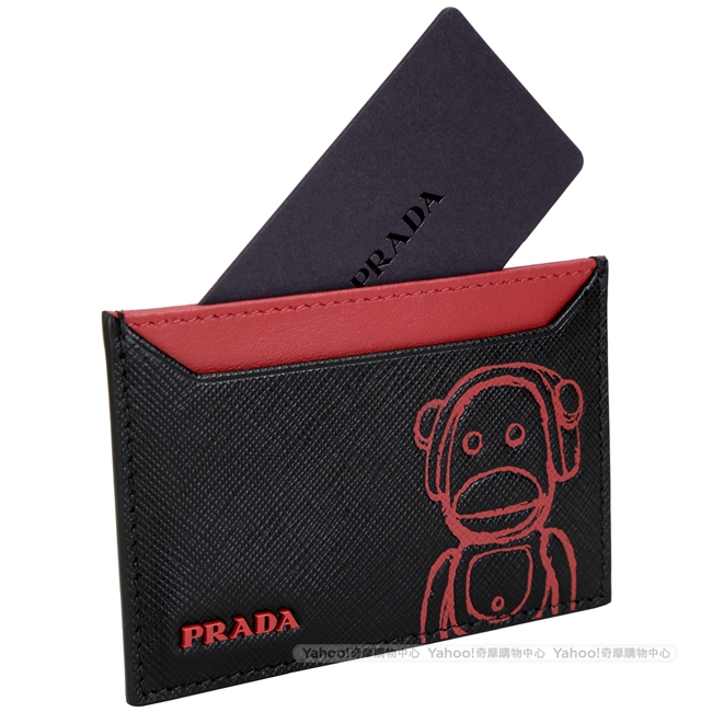 PRADA Pradamalia Otto 紅唇猴子防刮皮卡片夾(黑色)