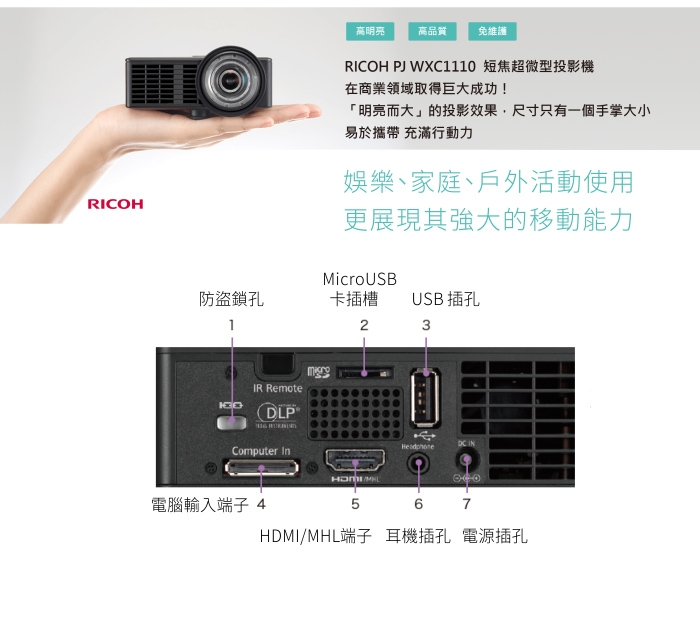 RICOH PJ WXC1110 掌上型超短焦微型投影機| 微型投影機| 奇摩購物中心