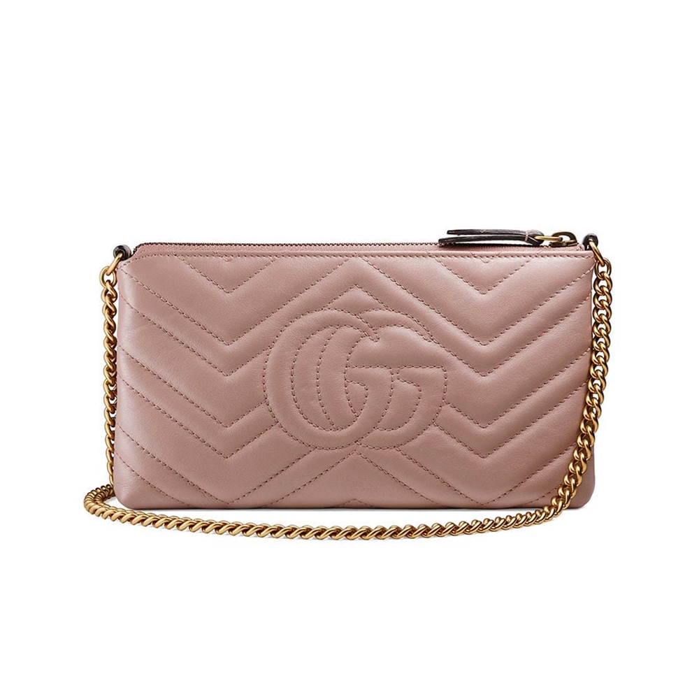 GUCCI Marmont 絎縫紋牛皮復古金雙G斜背包(粉)