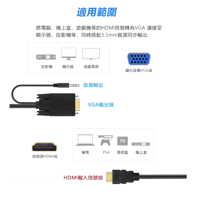 HDMI轉VGA轉接線-1.8米 音源輸出 HDMI(公) TO VGA(公)-音源版