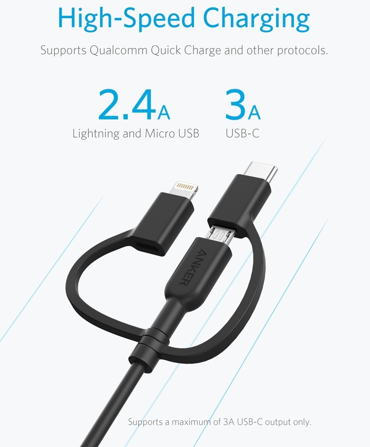 美國Anker USB-C+A+蘋果Lightning數據傳輸充電線A8436H