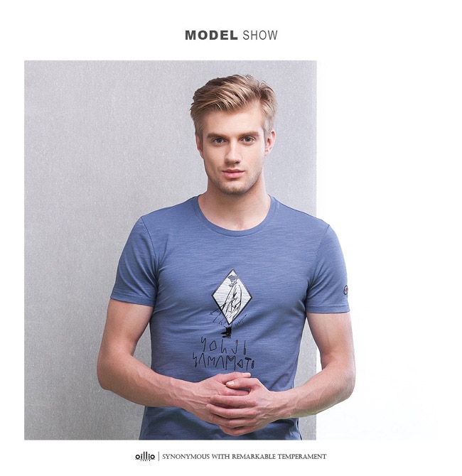 oillio歐洲貴族 男裝 短袖合身圓領T恤 創意印花 頂級天絲棉 藍色