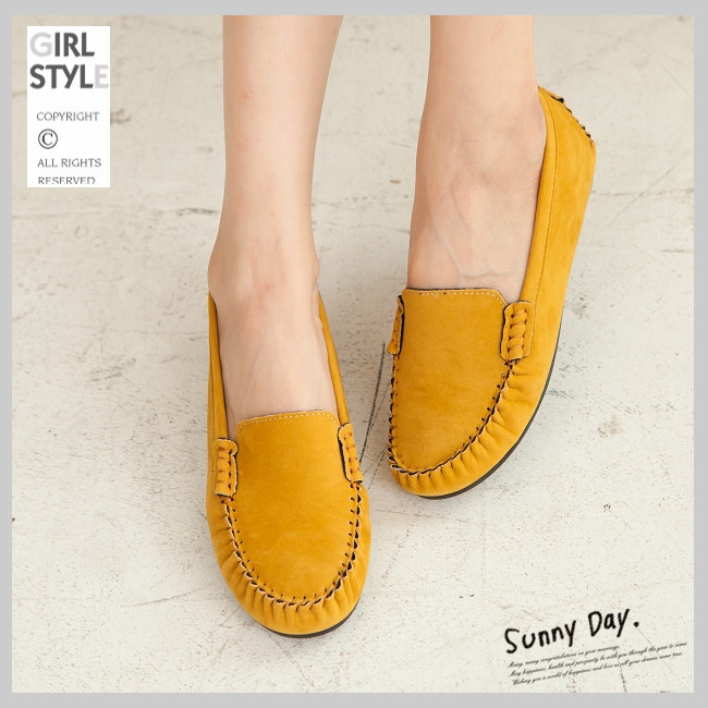 River&Moon莫卡辛-台灣製素面厚切乳膠內增高麂絨豆豆鞋-黃