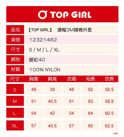 【TOP GIRL】連帽3M舖棉外套-紅色