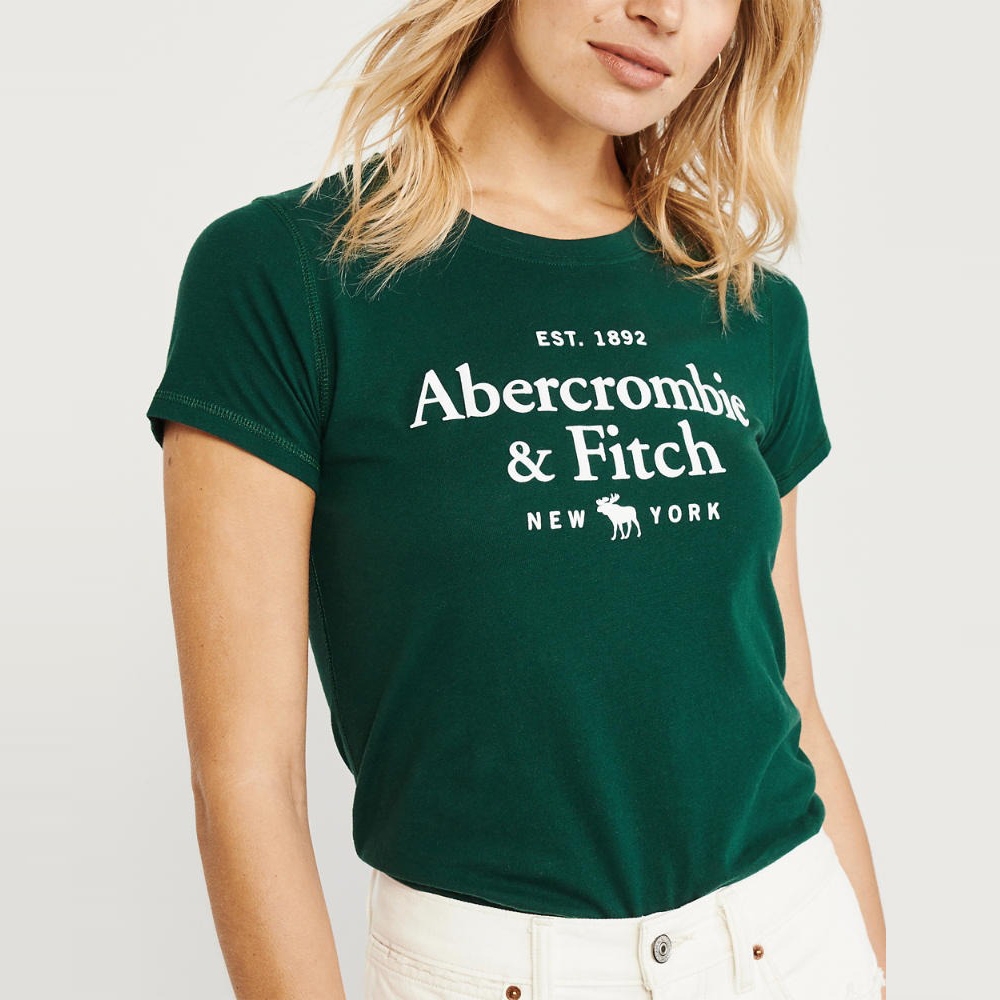 麋鹿 AF A&F 年度熱銷經典文字大麋鹿短袖T恤(女)-墨綠色