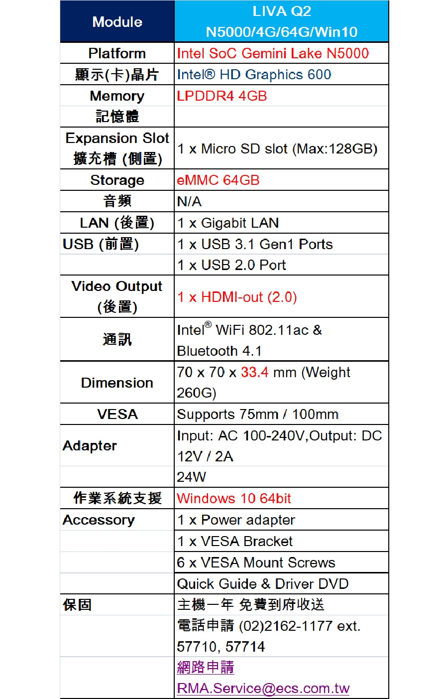 ECS 精英電腦LIVA Q2 迷你電腦(N5000/4G/64G/Win10)