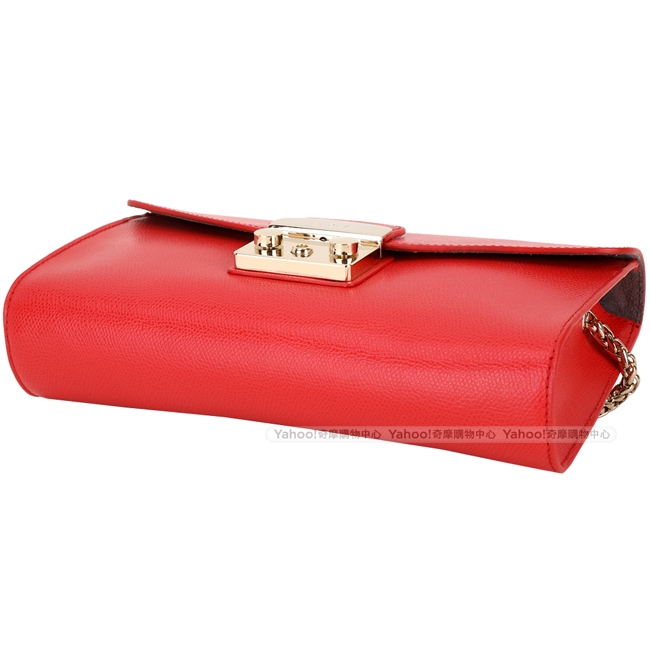 FURLA Metropolis 小款 金釦壓紋牛皮手拿鍊帶包(唇紅色)