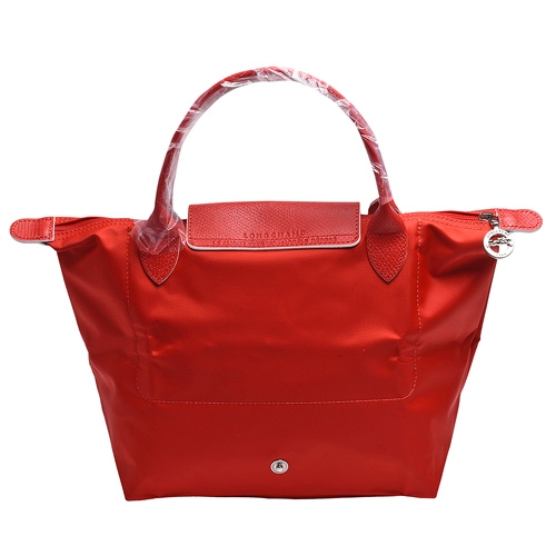 LONGCHAMP 經典LE PLIAGE刺繡暗釦/拉鍊短提把尼龍水餃包(小-朱紅色)