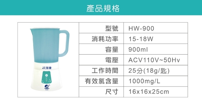 次綠康 次氯酸水製造機900ml(HW-900)