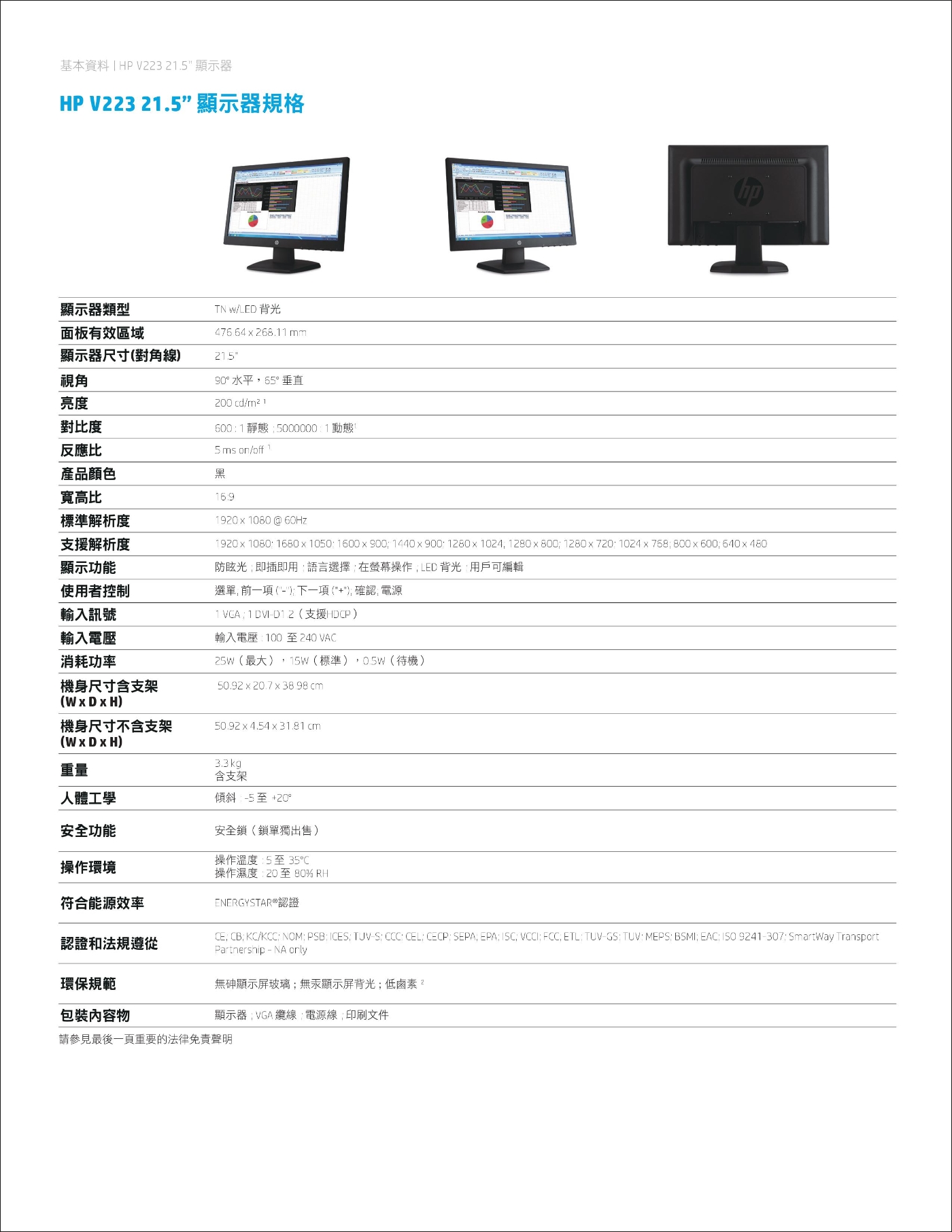 HP V223 21.5吋 TN 防眩光電腦螢幕