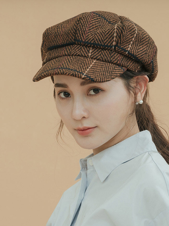 H:CONNECT 韓國品牌 配件 - 復古格紋報童帽 - 棕