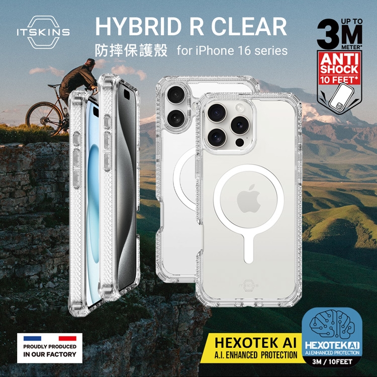 ITSKINSHYBRID R CLEAR 3Mfor iPhone 16 seriesMETERANTISHOCK10 FEETPROUDLY PRODUCEDIN OUR FACTORYHEXOTEK  A.I. ENHANCED PROTECTION PROTECTION3M / 10FEET