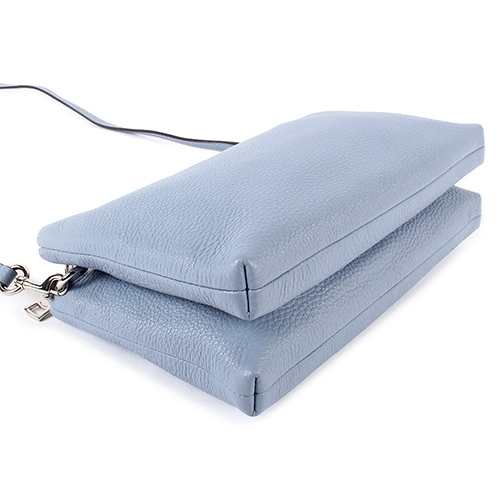 COACH 荔枝紋皮革雙層拉鍊斜背包-粉藍色