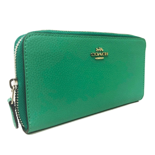 COACH 立體金屬LOGO 素面全牛皮ㄇ型拉鍊長夾(森林綠)
