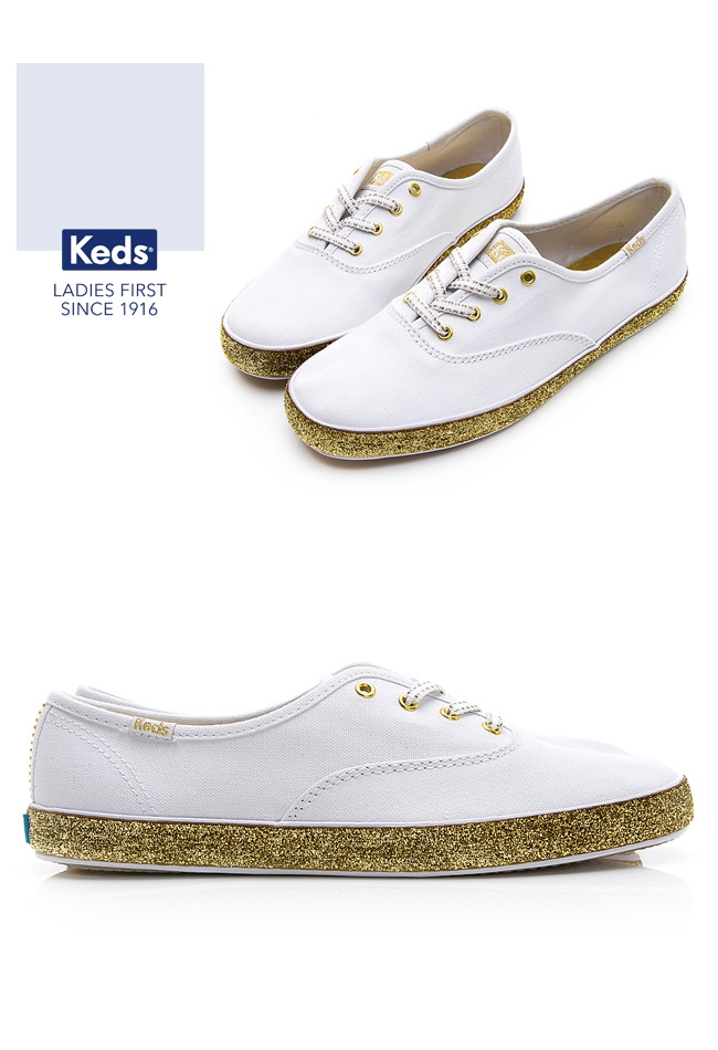 Keds CHAMPION 金蔥滾邊帆布綁帶休閒鞋-白/金