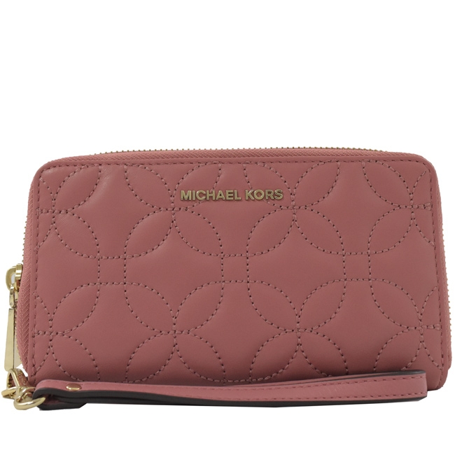 MICHAEL KORS WRISTLETS 花型車線牛皮拉鍊對開中夾(玫瑰粉)