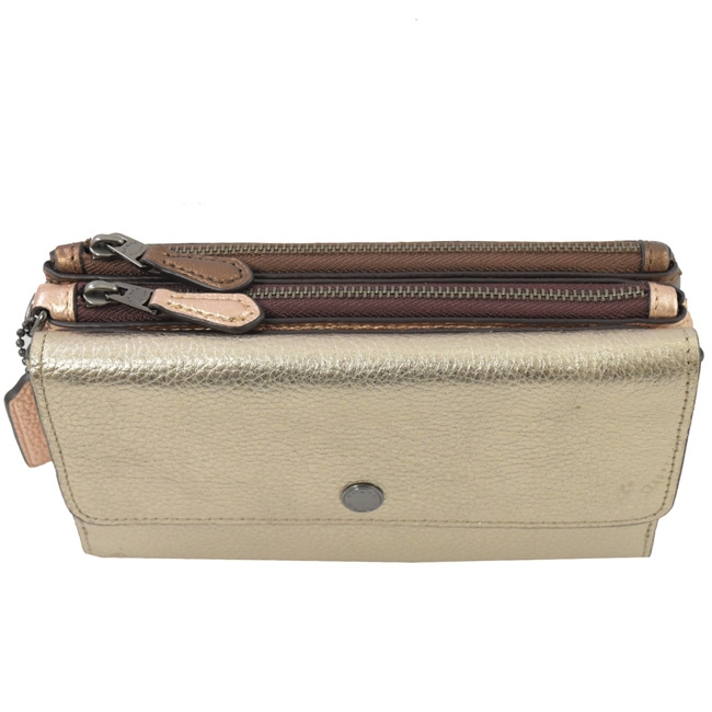 COACH 金屬logo牛皮三層手拿包(香檳金)