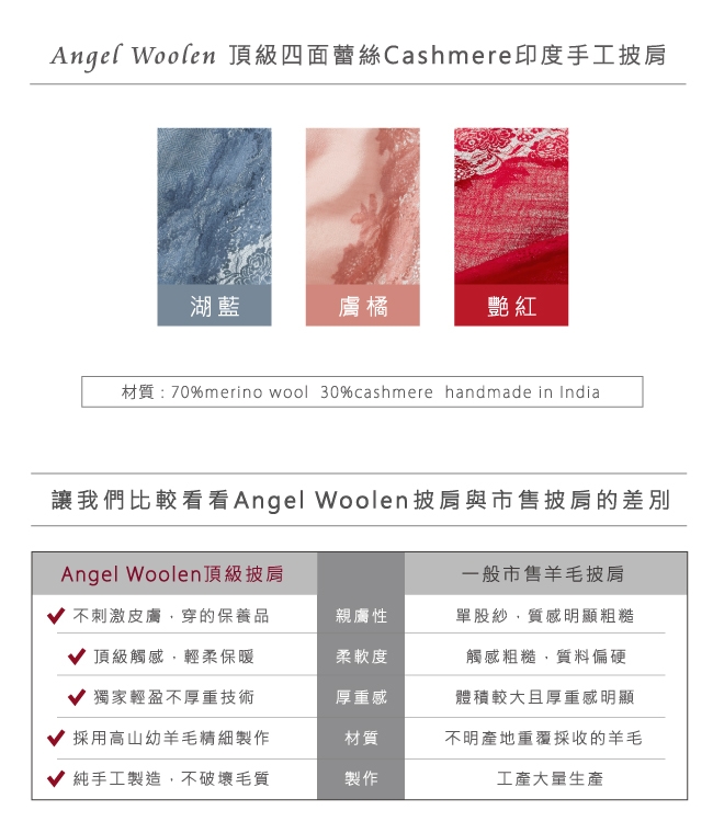 【ANGEL WOOLEN】頂級四面蕾絲CASHMERE印度手工披肩(共三色)