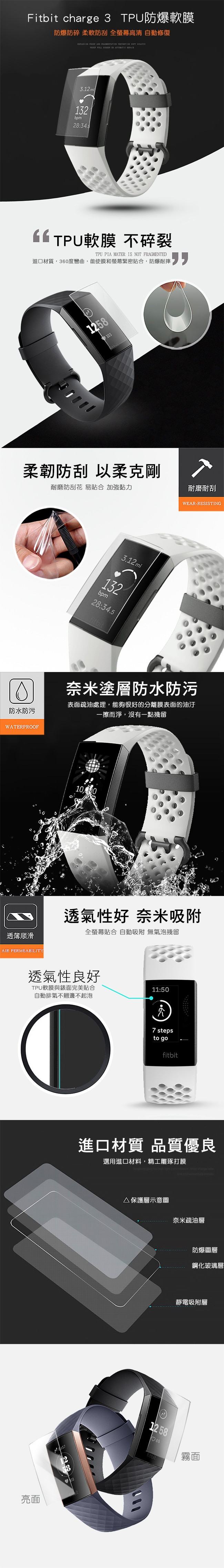 T.G Fitbit Charge 3 超薄3D防爆膜螢幕保護貼-霧面(2入)