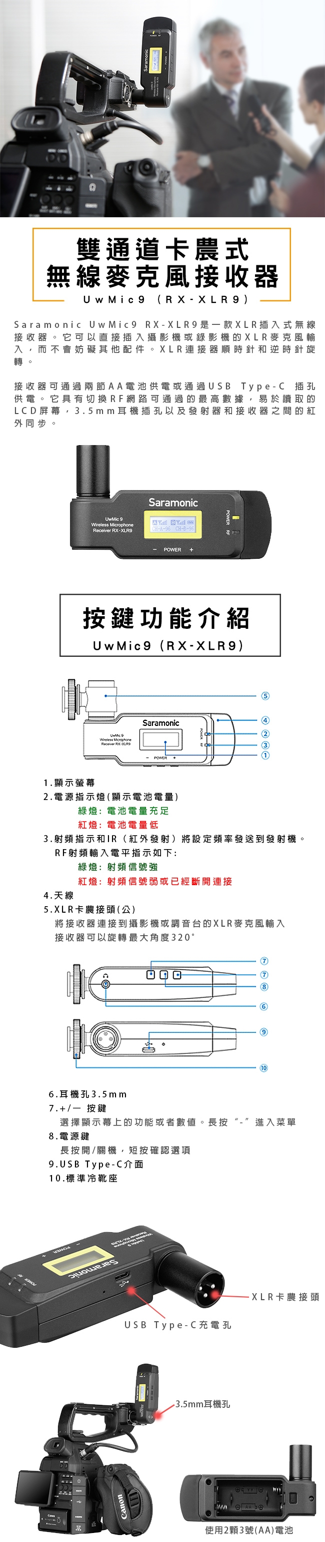 Saramonic楓笛UwMic9 Kit8 RX-XLR9+2TX9卡農麥克風彩宣公司貨