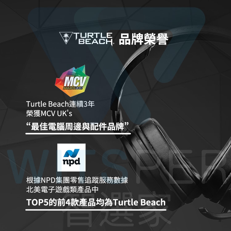 TURTLEBEACH品牌榮譽MCVAWARDS 2017Turtle Beach連續3年榮獲MCV UKs“最佳電腦周邊與配件品牌”npd根據NPD集團零售追蹤服務數據北美電子遊戲類產品中TOP5的前4款產品均為Turtle Beach