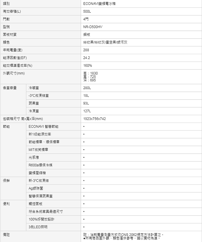 Panasonic國際牌 500公升 一級能效四門變頻電冰箱 NR-D500HV