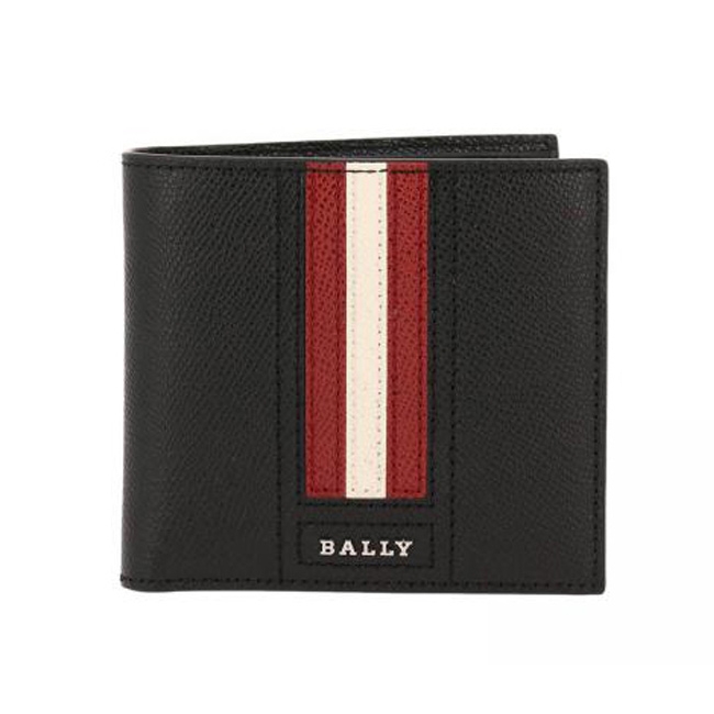 BALLY字母LOGO 紅白條紋 防刮牛皮短夾 (經典黑)