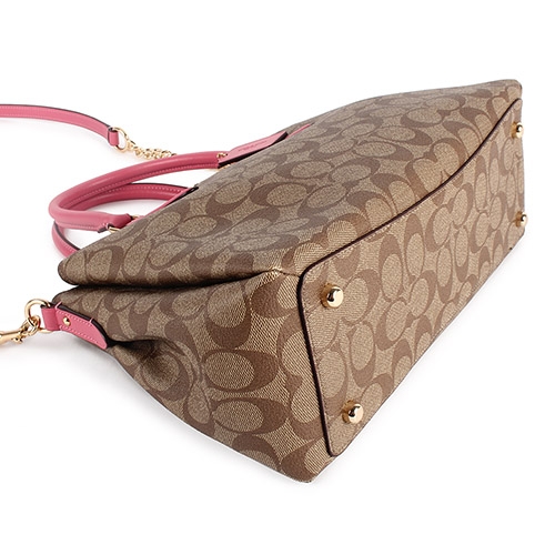 COACH 經典滿版LOGO PVC皮革金屬鏈帶手提/側背兩用三層黛妃包-大-焦糖棕/桃粉