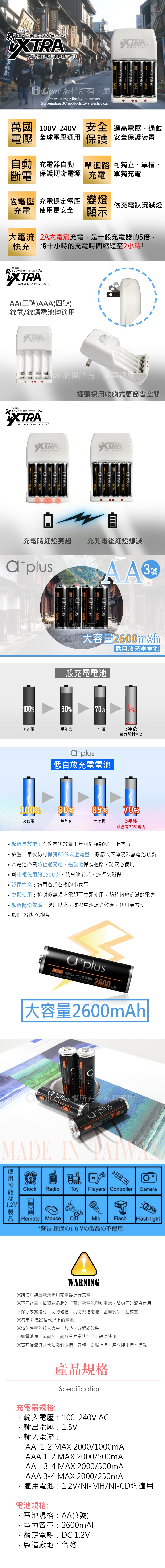 VXTRA 2A急速智能充電組(附a+plus 3號AA2600mAh低自放電池12入)