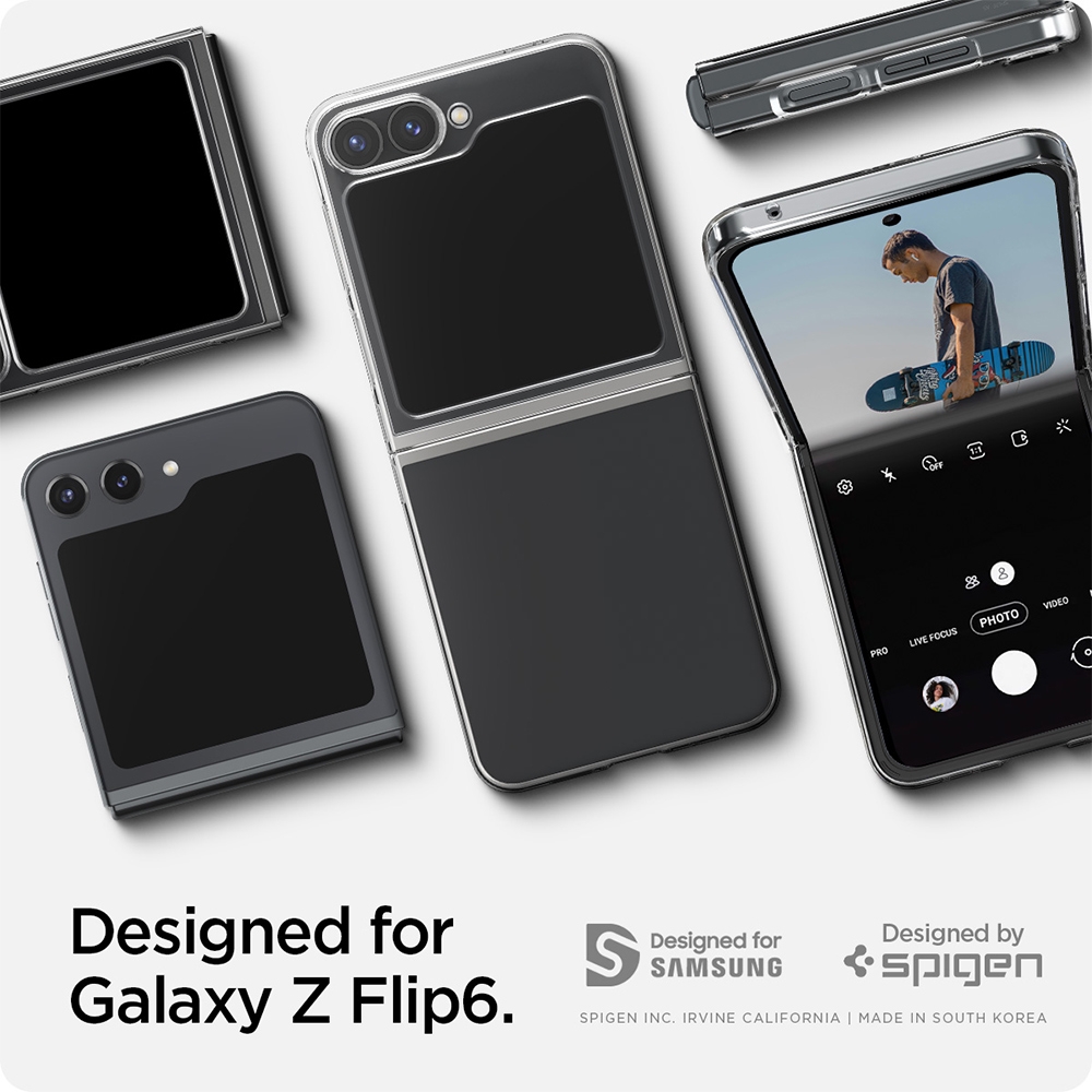 PROLIVE FOCUSDesigned forGalaxy Z Flip6SDesigned forSAMSUNGDesigned byspigenSPIGEN INC. IRVINE CALIFORNIA  MADE IN SOUTH KOREAPHOTOVIDEO