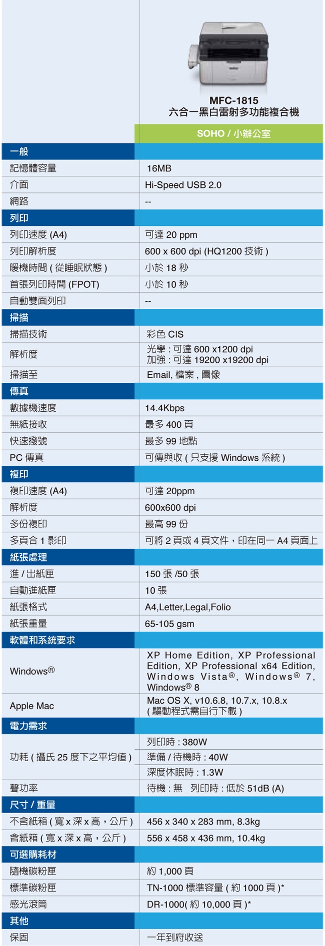 Brother MFC-1815 黑白雷射傳真複合機+原廠TN-1000碳粉(裸裝)一支