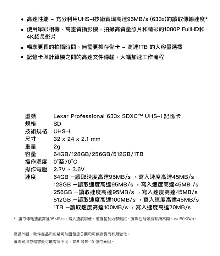 Lexar 633x SDXC UHS-I 記憶卡 64G (工業包附收納盒)