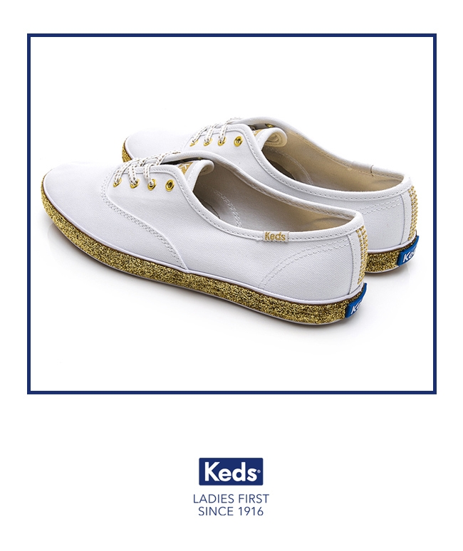 Keds CHAMPION 金蔥滾邊帆布綁帶休閒鞋-白/金