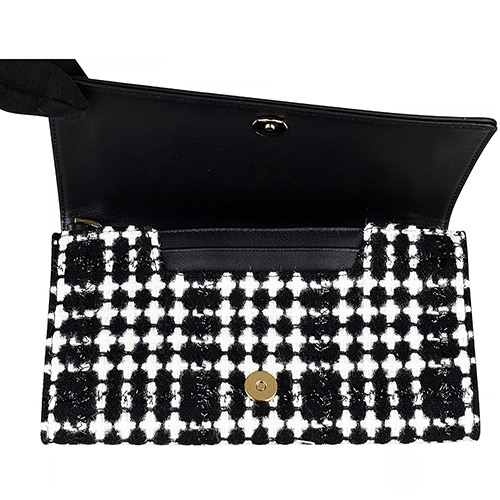 Kate Spade黑桃LOGO織布鏈帶扣式斜背長夾(黑x白)