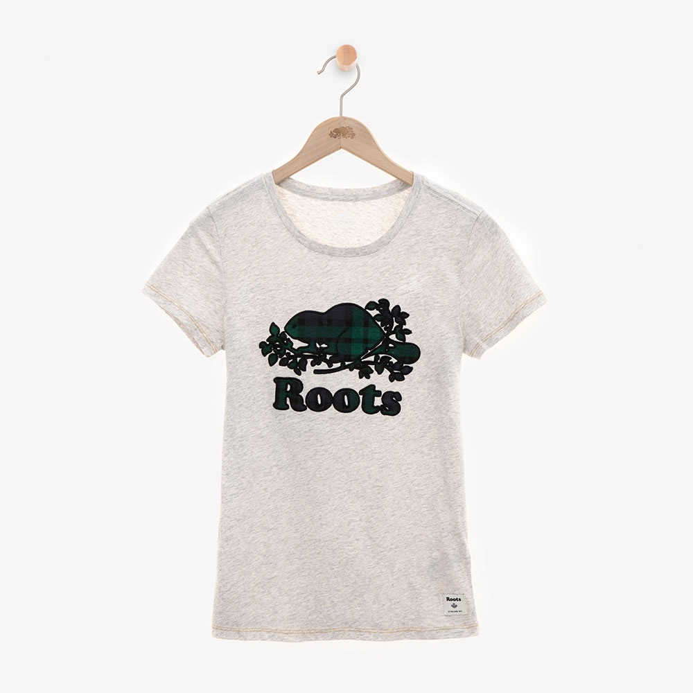 ROOTS女裝 - 周年系列格紋海狸短袖T恤-淺灰