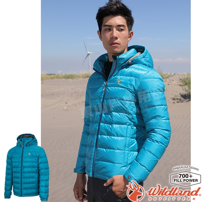 Wildland 荒野 0A72102-46土耳其藍 男收納枕拆帽極暖鵝絨外套