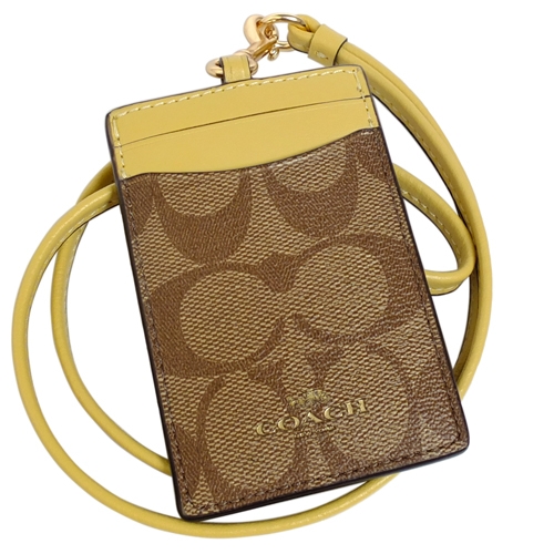 COACH卡其C Logo黃邊真皮頸掛式證件票卡夾