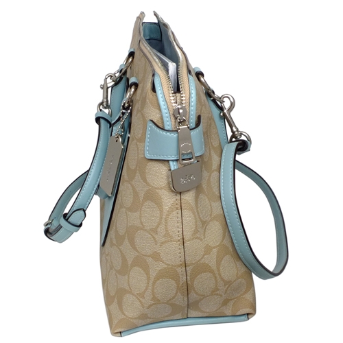 COACH淺卡C Logo拼接水藍前口袋手提/斜背托特包