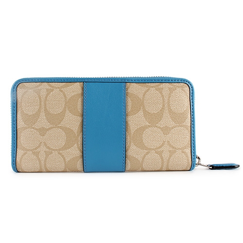 COACH 經典雙C防刮標誌拼接皮革拉鍊長夾-青藍/卡其